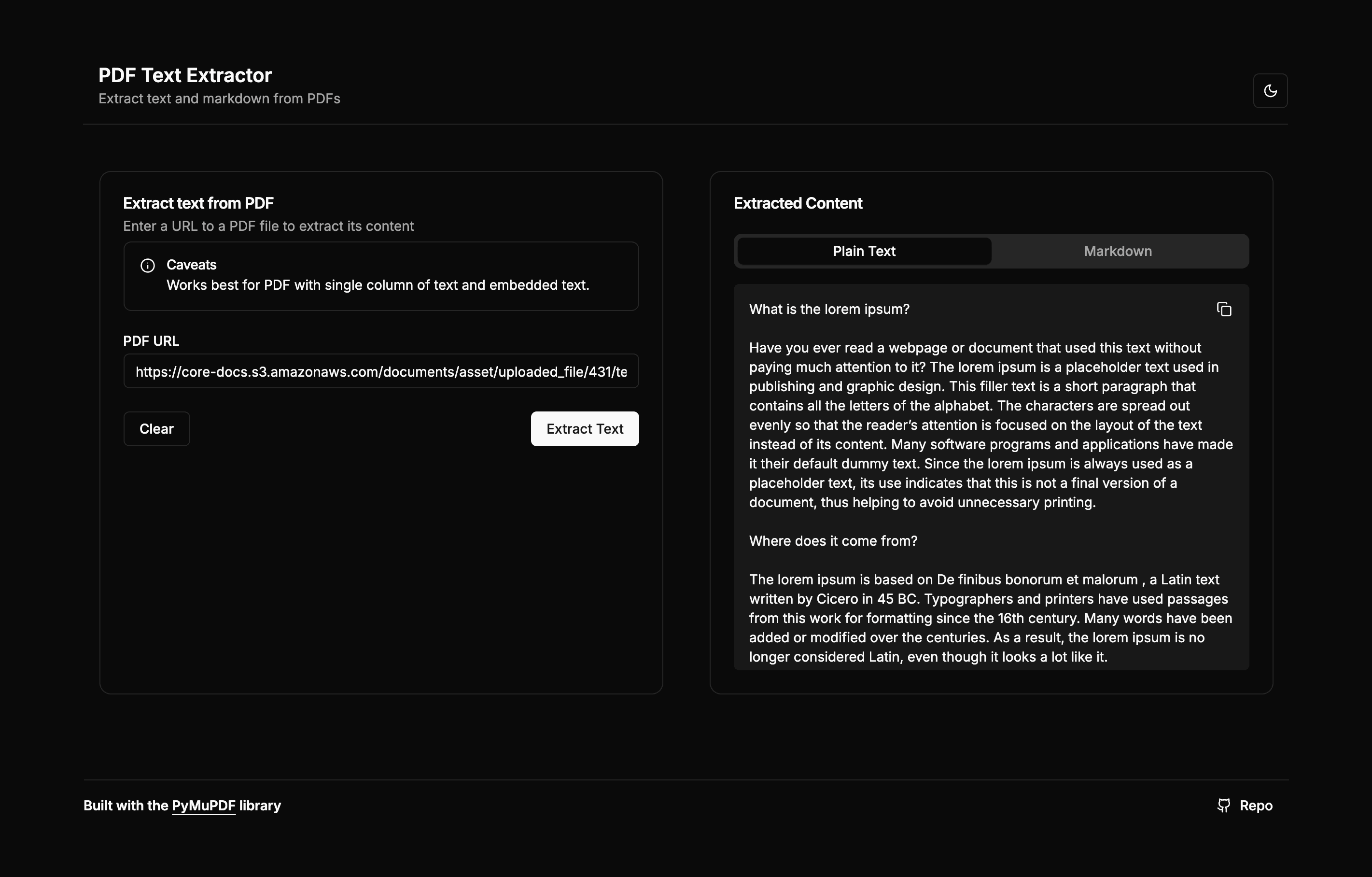 PDF Text and Markdown Extractor screenshot